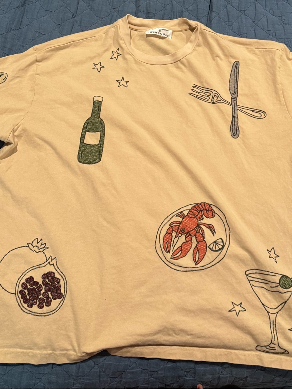 Free People Beige Short-Sleeve Tee with Food & Drink Embroidered Motifs